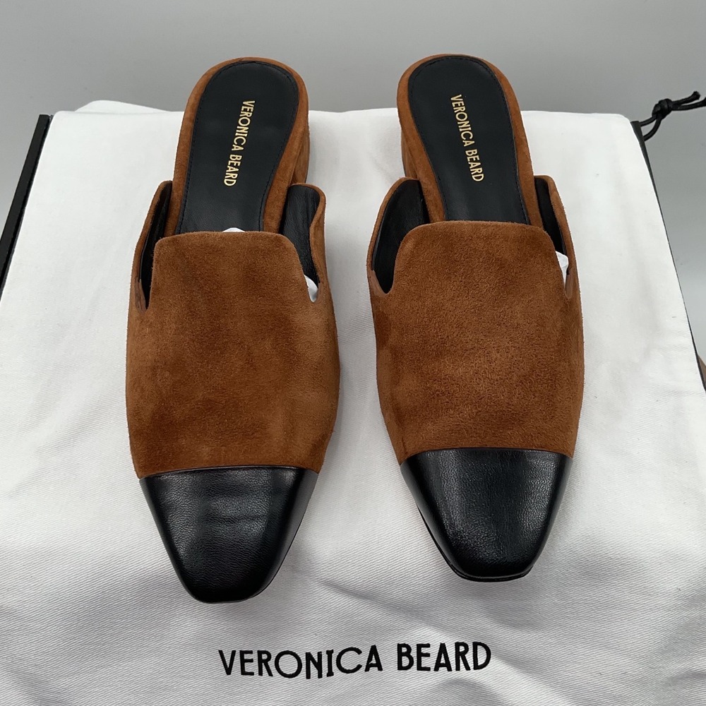 Veronica Beard Brown Suede Black Leather Cap Toe Block Heel Mules 6.5M Italy